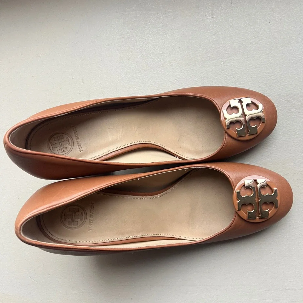 Tory Burch Janey Women 10.5 Tan Brown Leather Block Wood‎ Grain Heel Logo Pump